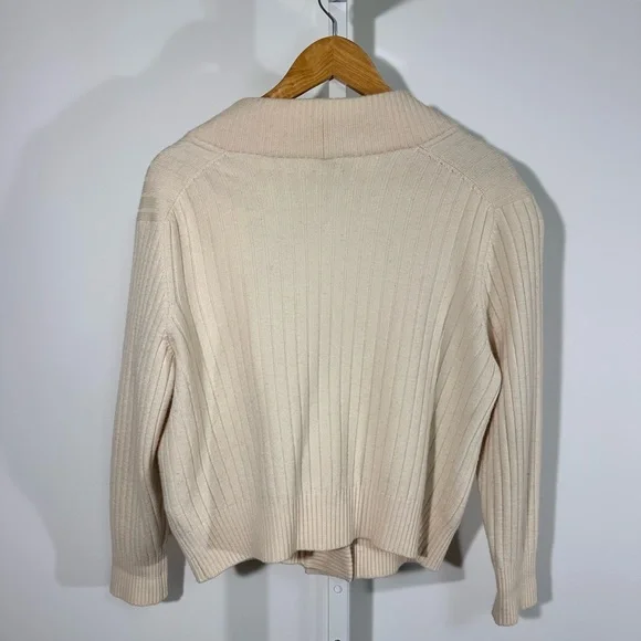 Bleyé Italy Cream Ribbed Wool Blend Cardigan Cropped V Neck Old Money Minimalist - Picture 2 of 9